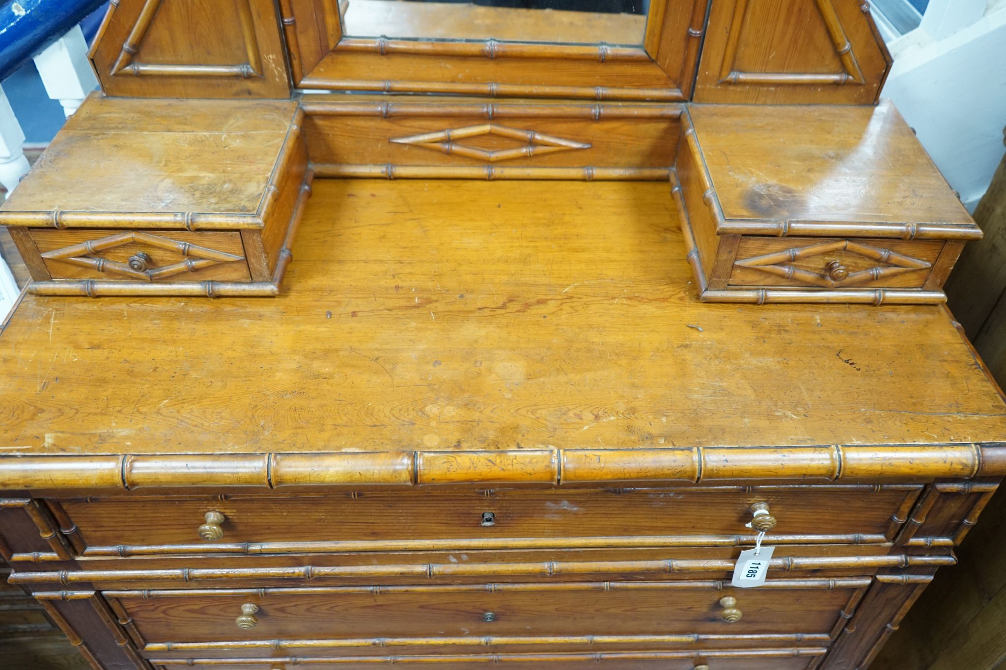 A 19th century French faux bamboo pitch pine dressing chest, width 101cm, depth 48cm, height 180cm